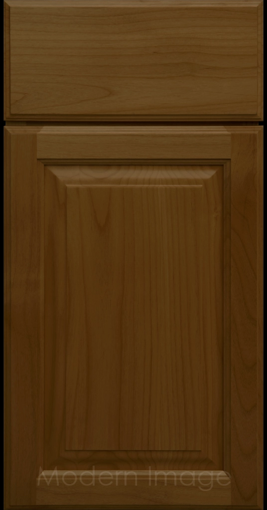 Cognac stained Hampton raised panel kitchen cabinets with flat slab drawer fronts.